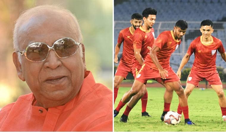 (File) P.K. Banerjee (left); Indian players practise at the Salt lake Stadium in Kolkata | Salil Bera