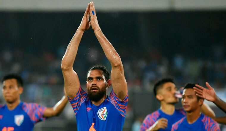 Adil Khan (centre) scored the equaliser in the 89th minute against Bangladesh in the  FIFA World Cup Qualifer at the Salt Lake Stadium in Kolkata | Salil Bera