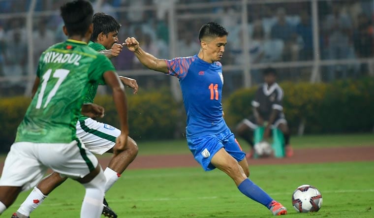 Sunil Chhetri (right) in action during the World Cup qualifier match against Bangladesh | Salil Bera