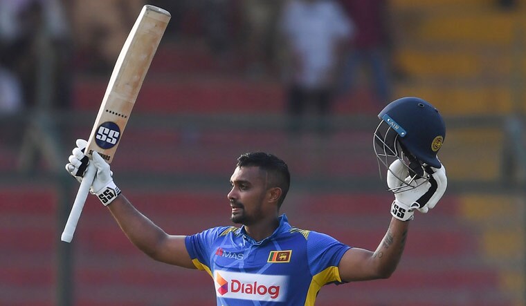 Danushka Gunathilaka celebrates after scoring a century against Pakistan during the third and last ODI match, in Karachi | AFP