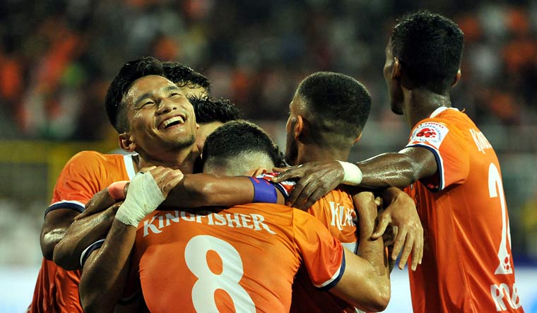  FC Goa players celebrate after their win against Chennayin FC | PTI