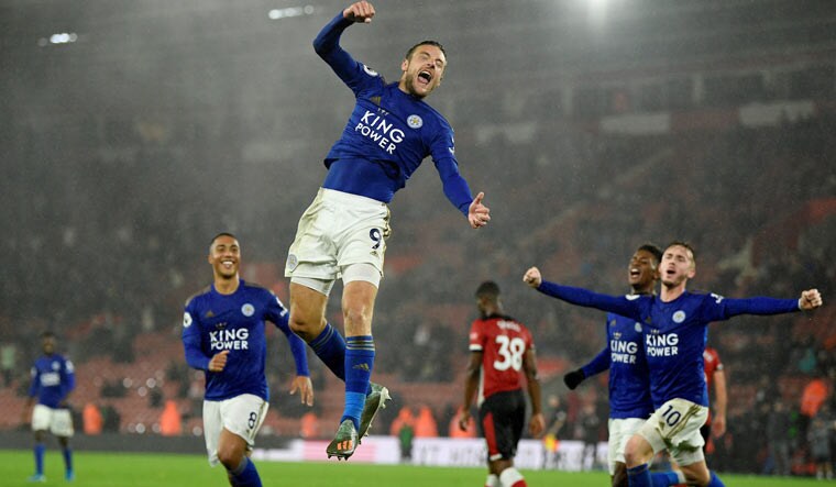 Leicester City's Jamie Vardy celebrates scoring their ninth goal to complete his hat-trick | Reuters