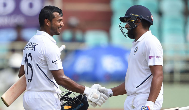 Mayank Agarwal is congratulated by Rohit Sharma after scoring his maiden century | PTI