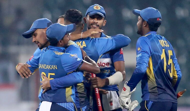Sri Lankan players celebrate their victory against Pakistan in the second Twenty20 match in Lahore, Pakistan, Monday | AP