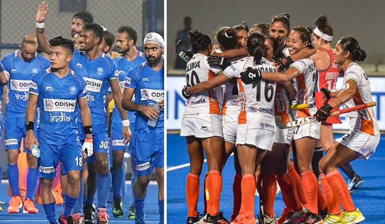 Indian men's hockey team and women's hockey team after winning their respective matches against Russia and the USA on Friday | PTI