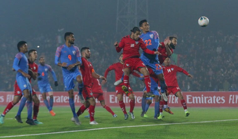 Seiminlen Doungel (jersey no. 22) scores the equaliser for India against Afghanistan in their FIFA World Cup Qualifier match in Dushanbe, Tajikistan | via Twitter