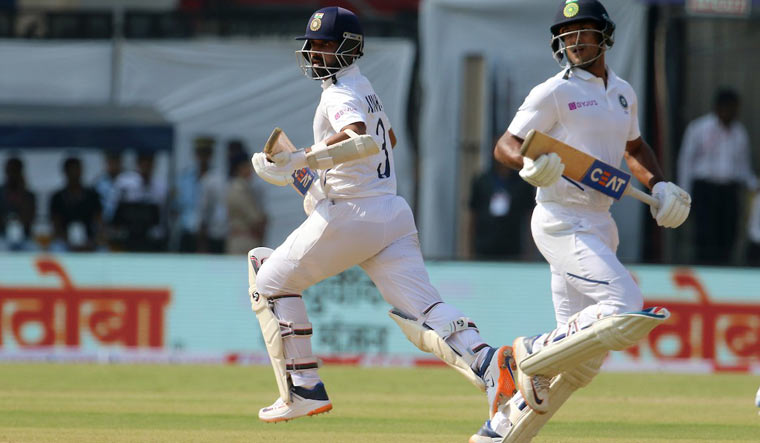 Mayank Agarwal (right) and Ajinkya Rahane take a run in the Indore Test | Twitter handle of BCCI