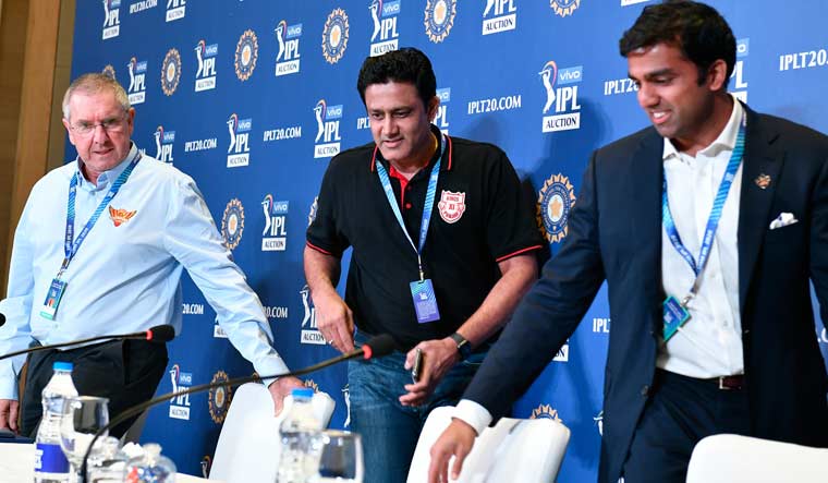 (From left) Sunrisers Hyderabad coach Trevor Bayliss, Kings XI Punjab coach Anil Kumble and Delhi Capitals chairman Parth Jindal | Salil Bera