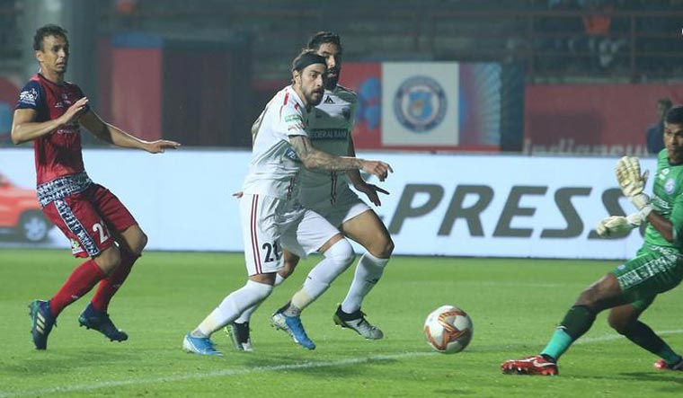 Panagiotis Triadis scores the equaliser for NorthEast United against Jamshedpur FC, in Jamshedpur | via isl.com