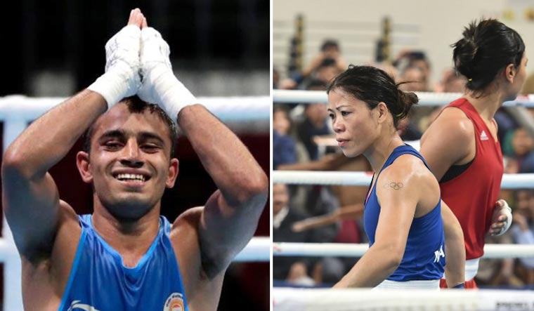 Amit Panghal (left) | AP; Mary Kom (blue) and Nikhat Zareen | PTI