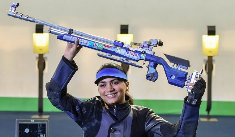 Apurvi Chandela celebrates after winning a gold medal in the final of the women's 10m air rifle during the ISSF World Cup Rifle/Pistol, at Dr Karni Singh Shooting Range in New Delhi | PTI