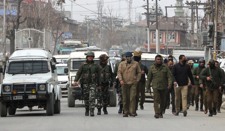 Security forces patrol in Karan Nagar area near Srinagar | AFP