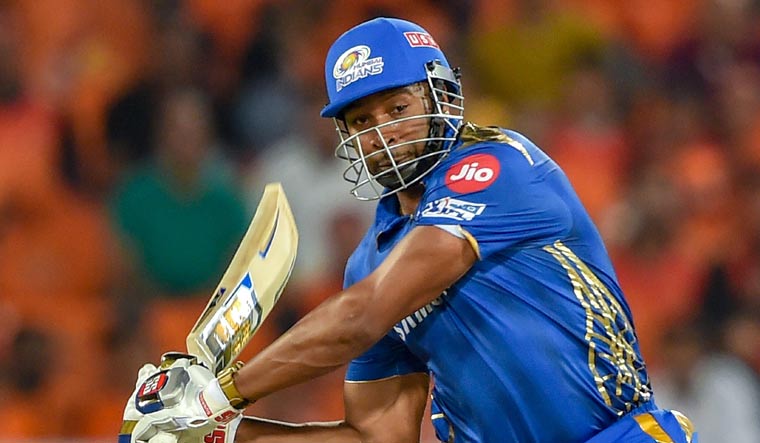 Kieron Pollard plays a shot during the IPL 2019 match between Sunrisers Hyderabad and Mumbai Indians at Rajiv Gandhi International Cricket Stadium in Hyderabad | PTI