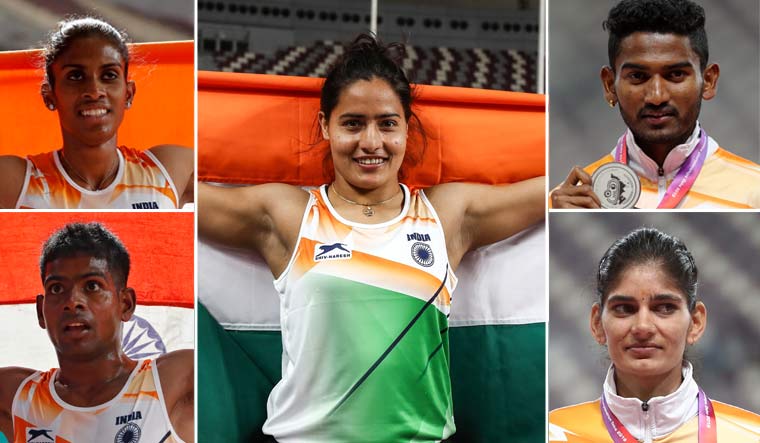 (Clockwise from top left) M.P. Poovamma; Annu Rani; Avinash Sable; Parul Choudhary; Gavit Murali Kumar | AFP; AP