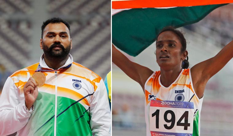India's Tejinderpal Singh Toor and Gomathi Marimuthu at the Asian Athletics Championships in Doha | AP