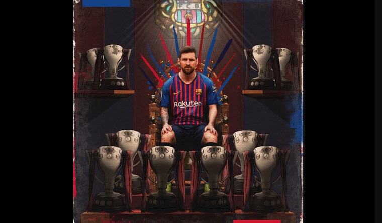 Barcelona star Lionel Messi poses on a throne much like the one in Game of Thrones, surrounded by the ten La Liga trophies he has helped win for his team