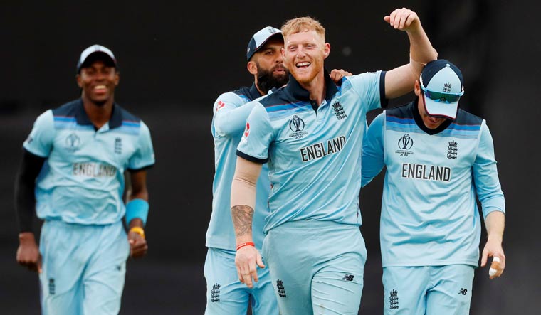 England's Ben Stokes (centre) celebrates with his teammates after winning the match against South Africa at the ICC World Cup 2019, at The Oval in London | Reuters