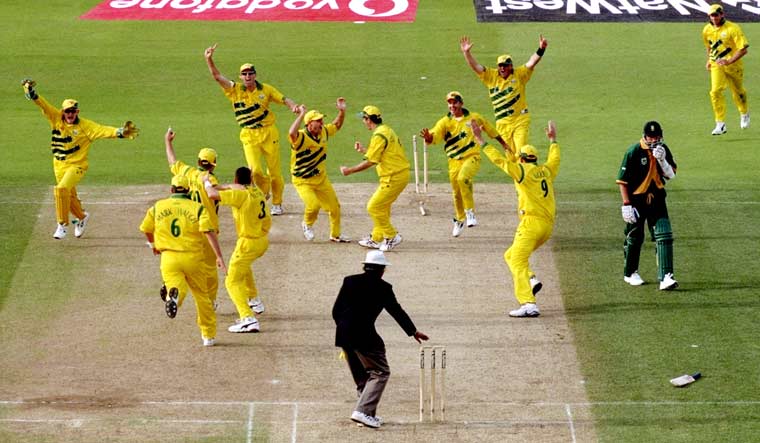 (File) Australian players celebrate after running out South Africa's Allan Donald in the semifinal of the 1992 World Cup
