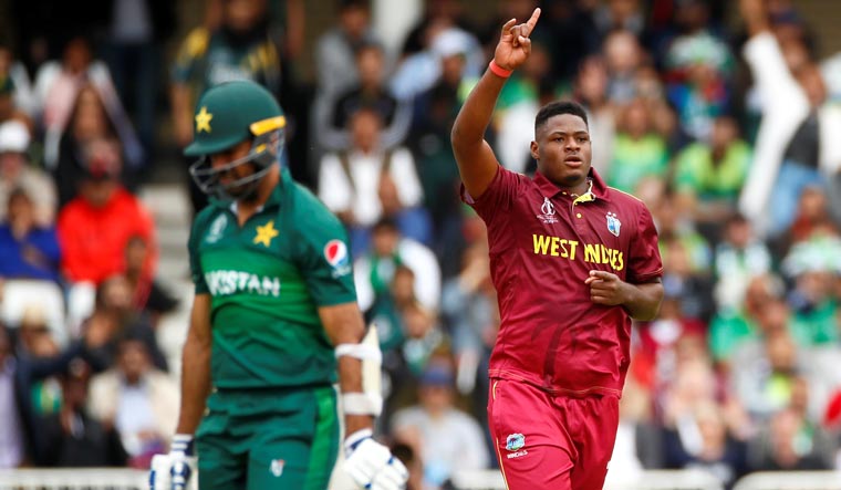 Oshane Thomas celebrates after dismissing Pakistan's Wahab Riaz during the ICC World Cup 2019, at Trent Bridge | Reuters