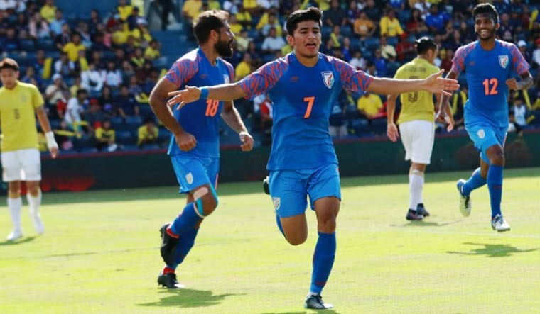 Anirudh Thapa celebrates after scoring against Thailand in the third-place play-off of the King's Cup, in Buriram, Thailand | aiff.com