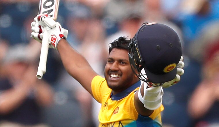 Sri Lanka's Avishka Fernando celebrates his century against the West Indies during their group stage match at Chester-Le-Street | Reuters