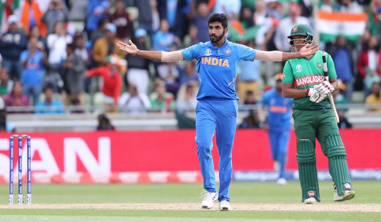 Jasprit Bumrah celebrates after taking the last Bangladeshi wicket during the World Cup group match at Edgbaston in Birmingham | AP