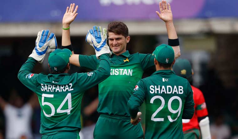 Pakistan's Shaheen Afridi celebrates after taking the wicket of Bangladesh's Liton Das caught out by Pakistan's Haris Sohail during the Cricket World Cup match between Pakistan and Bangladesh | AP