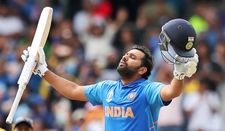 Rohit Sharma celebrates after scoring a century during the World Cup group stage match between India and Sri Lanka at Headingley in Leeds | AP