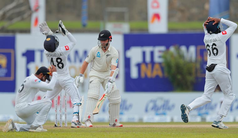 New Zealand's Kane Williamson escapes a narrow chance to get dismissed as Sri Lankan team members react | AP