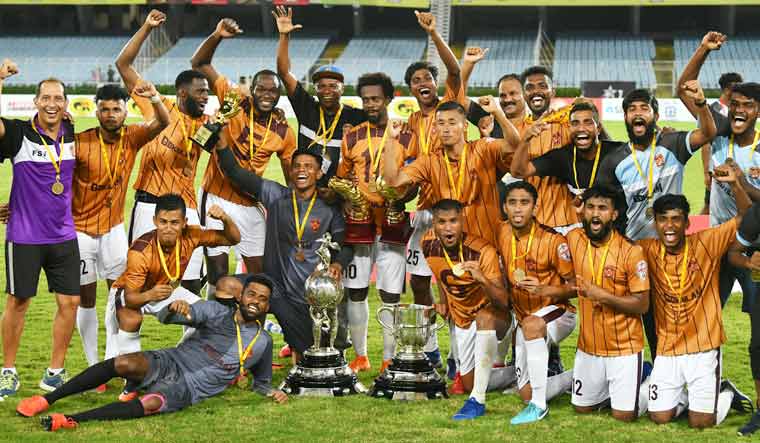 Gokulam Kerala FC players celebrate after winning the Durand Cup beating Mohun Bagan 2-1, at Salt lake Stadium in Kolkata | Salil Bera