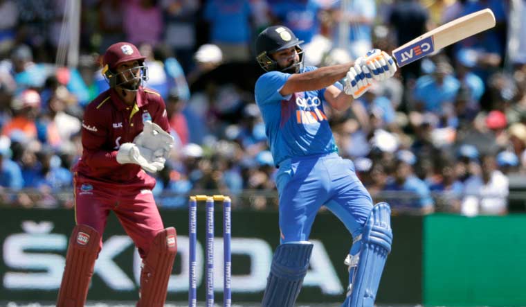 Rohit Sharma hits a six in the second T20I against West Indies | AP