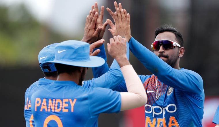 Krunal Pandya celebrates after taking Nicholas Pooran's wicket | AP