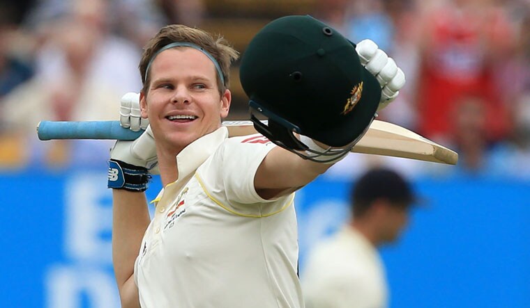 Australia's Steve Smith celebrates reaching his century in the second innings of the first Ashes Test match at Edgbaston | AFP