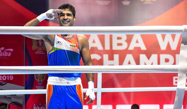 India's Brijesh Yadav (81kg) after his victory against Poland's Maleusz Goinski at the World Men's Boxing Championships in Ekaterinburg, Russia | PTI