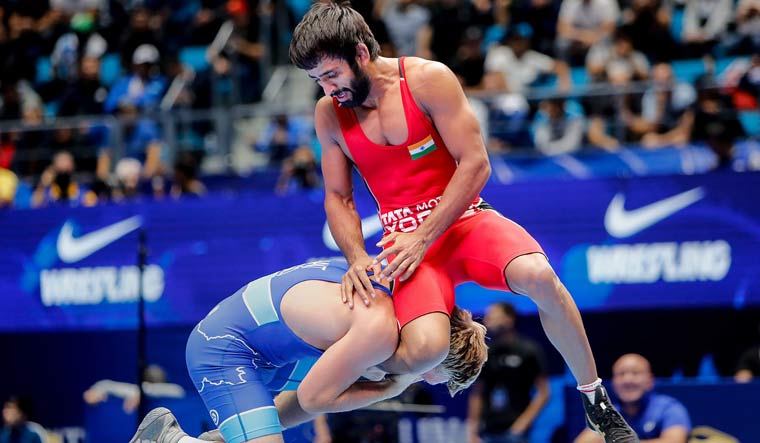 Bajrang Punia in action at the World Wrestling Championships, in Nur Sultan, Kazakhstan | PTI