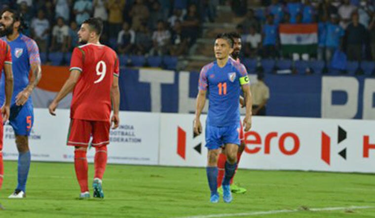 India and Oman players in action during the FIFA World Cup Qualifier, at the Indira Gandhi Athletic Stadium in Guwahati | via Twitter