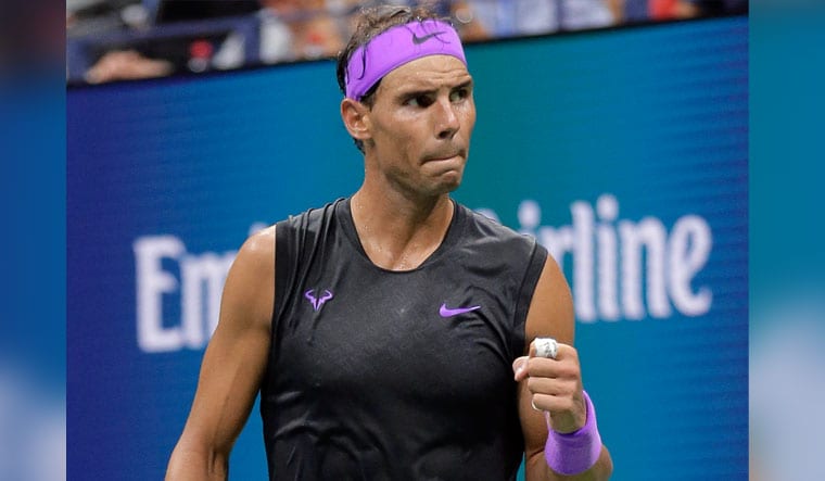 Rafael Nadal reacts after winning the second set during his US Open quarterfinal match against Diego Schwartzman | AP