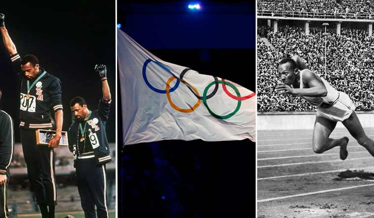 [File] Tommie Smith and John Carlos (left) raising their clenched fists at the 1968 event; Jesse Owens (right) during the 1936 Games | AP; AFP