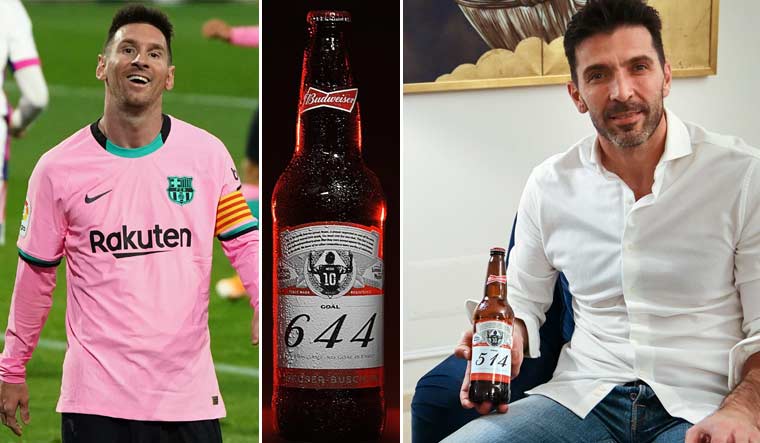 Lionel Messi smiles during Barcelona's La Liga match against Valladolid; Budweiser marks Messi's record; Gianluigi Buffon with his customised beer from Budweiser | AP; Twitter