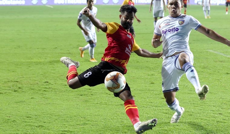 Mohammed Rafique of SC East Bengal and Jerry Lalrinzuala of Chennaiyin FC in action during the Hero Indian Super League, at Tilak Maidan Stadium in Goa | PTI