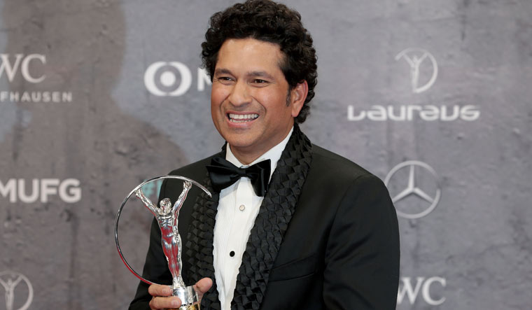 Sachin Tendulkar with the 'Best Sporting Moment Award' during the 2020 Laureus World Sports Awards | AP