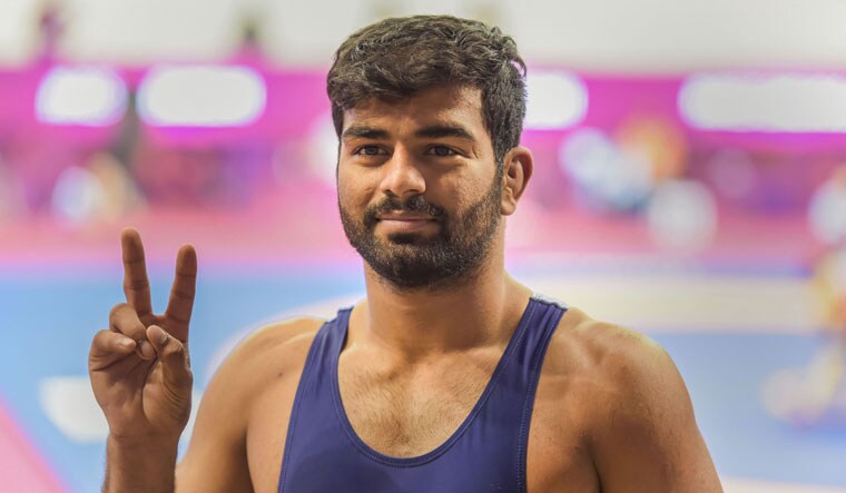 Aditya Kundu after winning his 72kg-category bronze medal match against Nao Kusaka of Japan at the Asian Wrestling Championship 2020, in New Delhi | PTI
