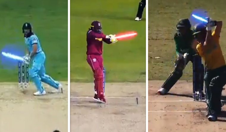 Cricketers playing shots with 'lightsabers'