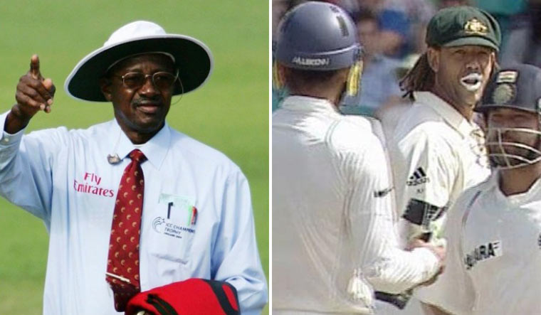 Steve Bucknor (left); Harbhajan Singh, Andrew Symonds and Sachin Tendulkar in the middle during the 2008 Sydney Test
