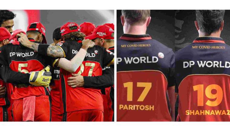 The Royal Challengers Bangalore team; RCB jerseys with the names of COVID-19 heroes | via Twitter