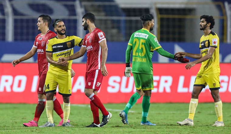 Hyderabad FC and Odisha FC players after their Indian Super League 2020-21 match at Fatorda Stadium in Goa | PTI