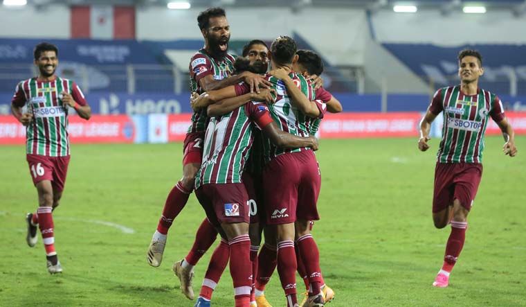 ATK Mohun Bagan celebrate the goal against Chennaiyin FC at the ISL 2020-21 match at the Fatorda Stadium, Goa | PTI