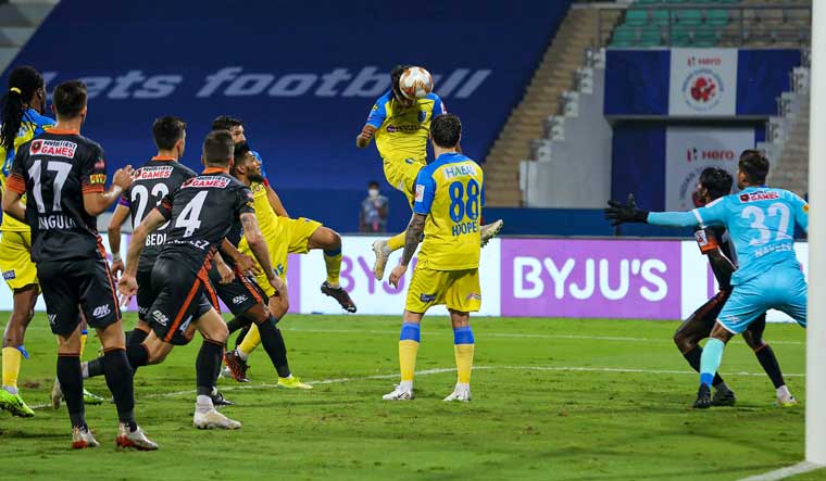 Rahul K.P. of Kerala Blasters scores the equaliser against FC Goa during their ISL 2020-21 match, at the GMC Stadium, Bambolim | PTI