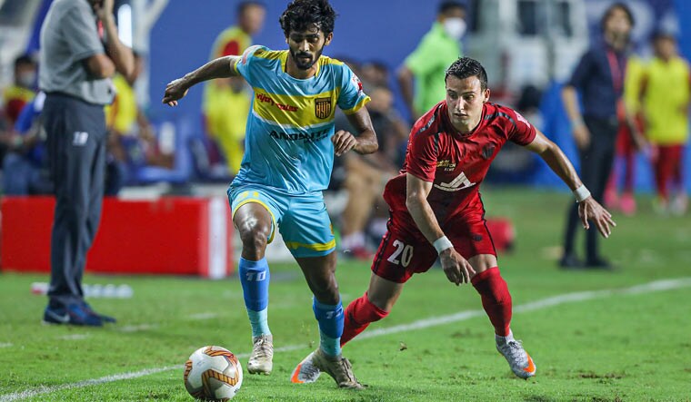 Akash Mishra of Hyderabad FC and Luis Miguel Machado of NorthEast United FC in action | PTI