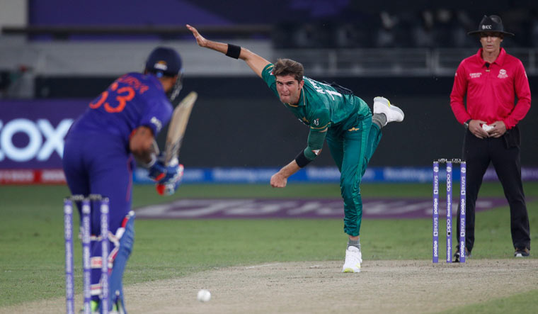 [File] Pakistan's Shaheen Afridi in action against India in the Super 12 match of the T20 World Cup | Reuters